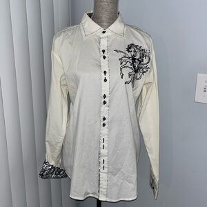 Wild West Western Wear NWOT White Cowboy Shirt, Embroidered Horse Logo, Medium